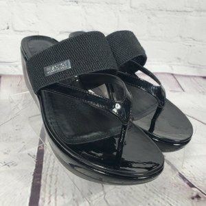 Kenneth Cole Reaction Black Patten Leather Pepia  Cross Wedge Strappy  Sandals